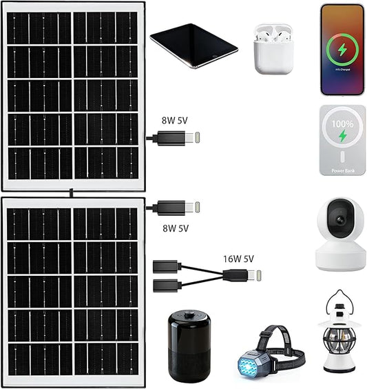 8W 5V Solar Panels for Security Cameras Type-C Micro USB DC Port Portable Charger Set 5 Volt 8 Watt High Efficiency Solar Panel for Cellphone Fan Power Bank 2 Pack Black