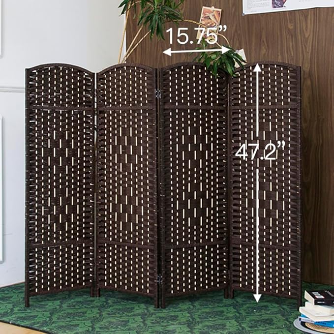 4 Panel Rattan Divider Short Room Partition Screen,Double Sided Folding Divider for Room Separation,Dark Brown,47.2" H x 63" W
