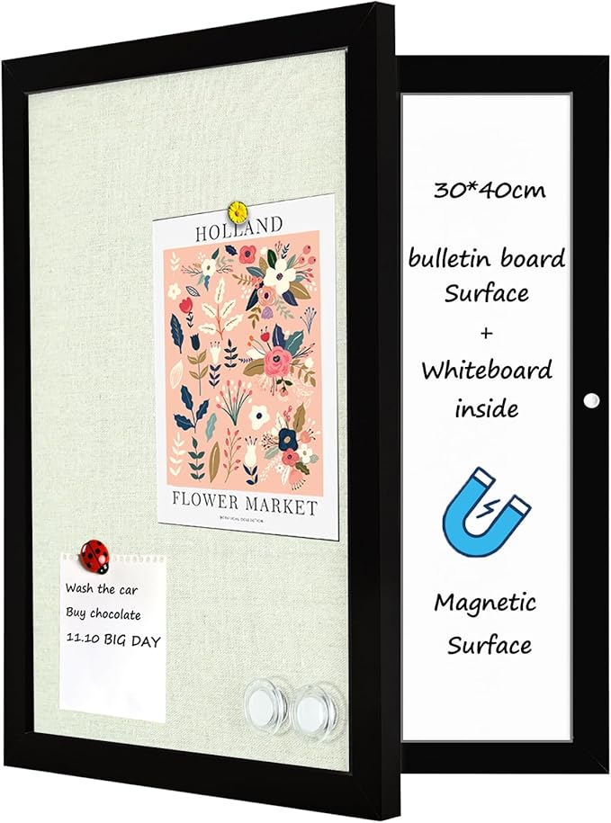 Magnetic Dry Erase Hidden Whiteboard with Black Wooden Frame, Gray Fabric Bulletin Board Exterior and Whiteboard Interior, 11.8x15.7inch (30x40cm)