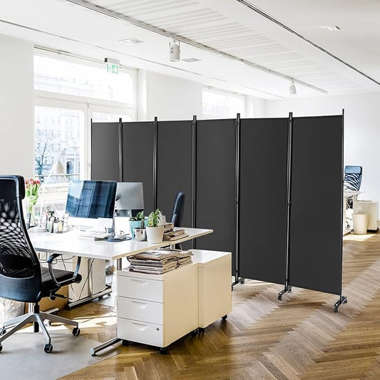 Giantex 6 Panel Room Divider, 132''W x 68''H Large Folding Privacy Screen, Rolling Partition Room Dividers for Home Office Studio Separation, Freestanding Fabric Wall Divider Screen on Wheels, Gray