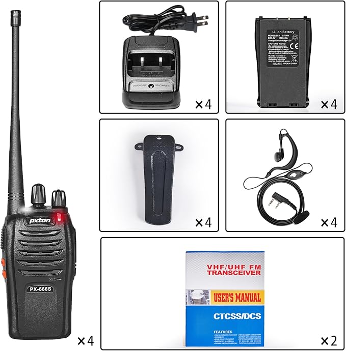pxton 666S walkie talkies Long Range Rechargeable for Adults with Headphones and Li-ion Battery,2 Way radios has VOX/Noise Reduction/TOT/Flashlight/Monitoring/Scan Function(4 Pack)