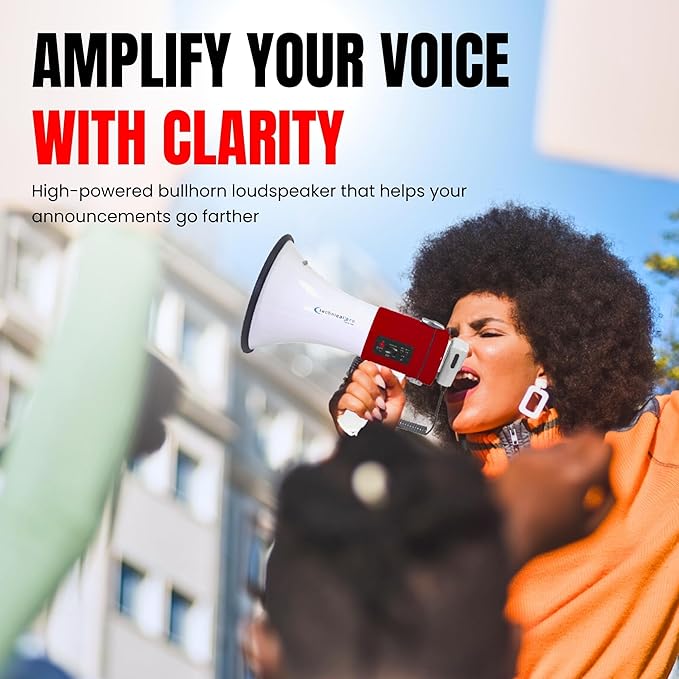 Technical Pro Portable Lightweight 75-Watt Megaphone Bullhorn w Siren, Detachable Microphone & Strap - Professional Outdoor Voice for Police & Cheer Leading
