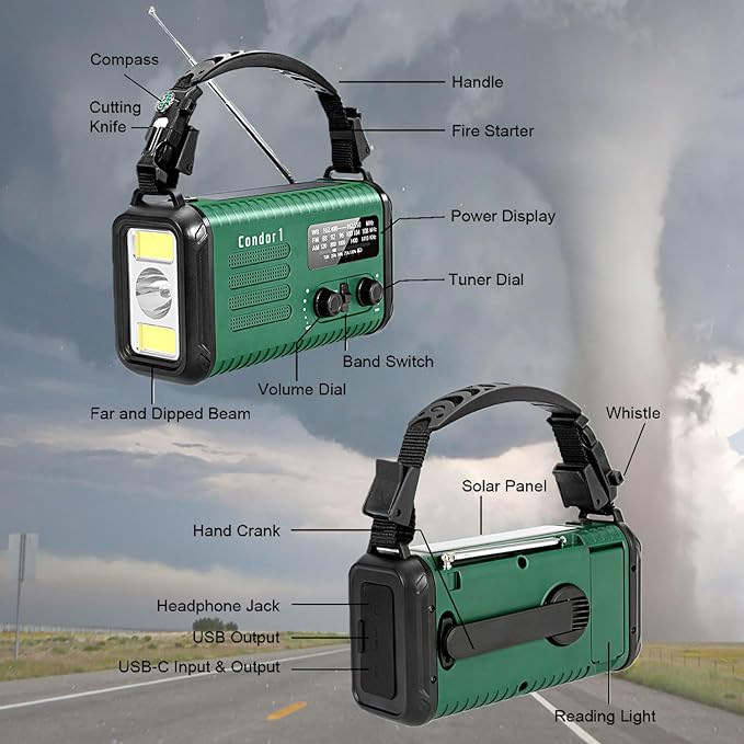 20000mAh/ 74000mWh Hand Crank Emergency Radio, AM/FM/NOAA Weather Radio, Battery Powered Solar Radio with USB Phone Charger, Reading Lamp Flashlight & SOS for Emergency (Army Green)