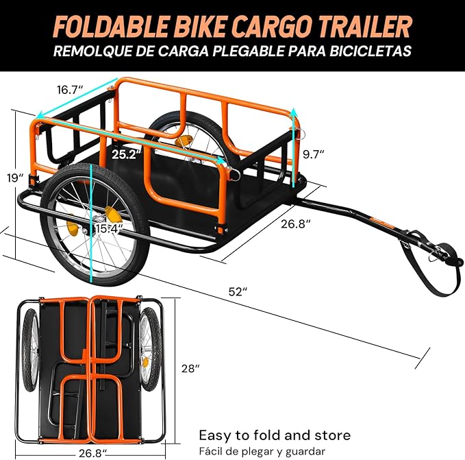 SEKAM Bike Cargo Trailer, 198 lbs Load Capacity, Foldable Bicycle Trailer with Reflectors & Universal Hitch, Heavy-Duty Utility Bike Cart for Camping & Shopping (Orange)