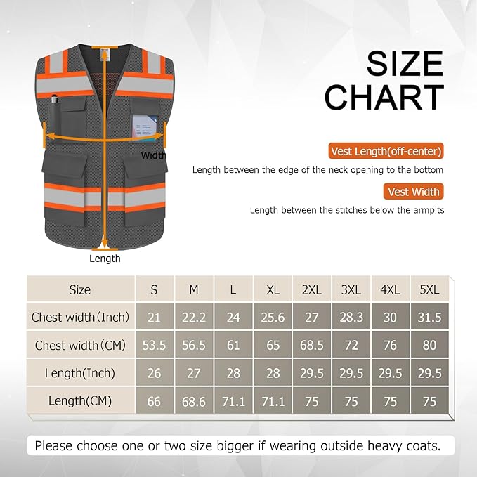 TCCFCCT Safety Vest for Men Women 5 Pockets Mesh High Visibility Reflective Vest with Reinforced Zipper, Durable Construction Work Vest with Fluorescent Orange Edge, Meets ANSI/ISEA, DW-Grey, L