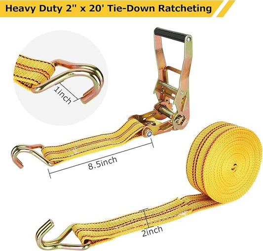 HUBun4 Pack Ratchet Tie Down Straps, 2" x 20 Feet, 8,000 lbs Break Strength, Heavy Duty Cargo Lashing Straps with Double J Hooks for Trucks, Trailers, and Moving