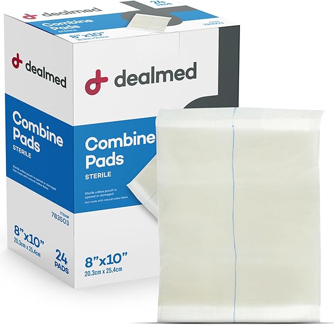 Dealmed Abdominal Combine Pads 8"x10" (360-Case) Sterile Individually Wrapped, ABD Pads, Absorbent, Non Adherent for Wound Care, Drainage, First Aid, 24/Box (Case of 15)