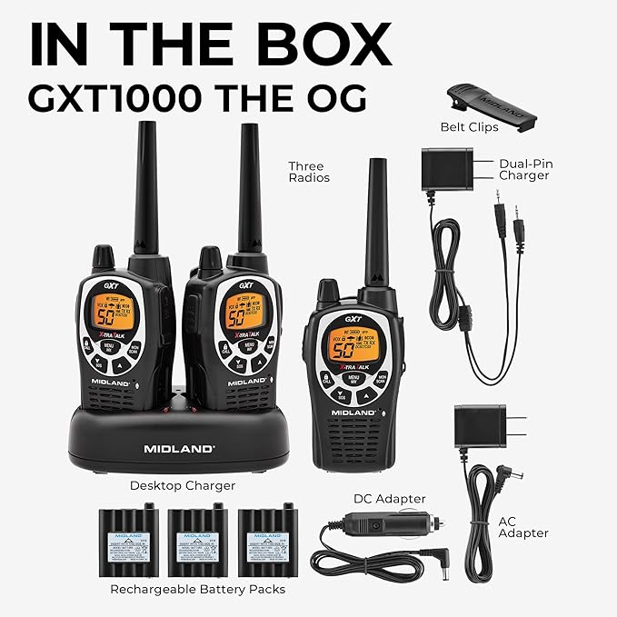 Midland GXT1000X3VP4 GMRS Two-Way Radio (50-Channel, Long Range, 142 Privacy Codes, SOS, NOAA, Rechargeable Nickle Battery, Black/Silver, 3-Pack)