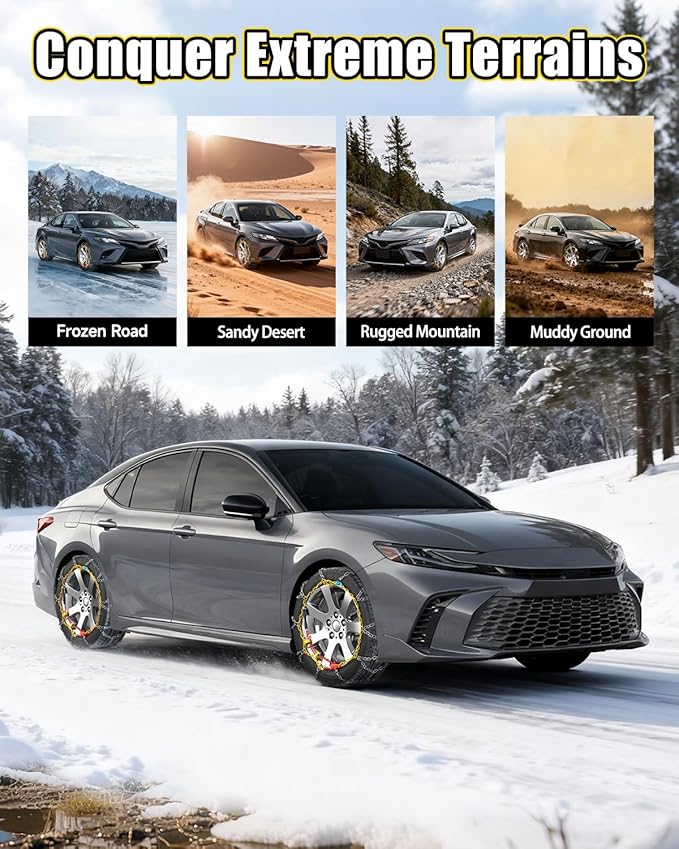 Snow-Chains Easy Install Tire-Chains, One-Pull Fit Design Tire Snow Chains for Passenger Cars, Sedan, SUVs, Emergency Winter Tire Traction Car Tires 235 245 255 275 - Set of 2 (KN140)