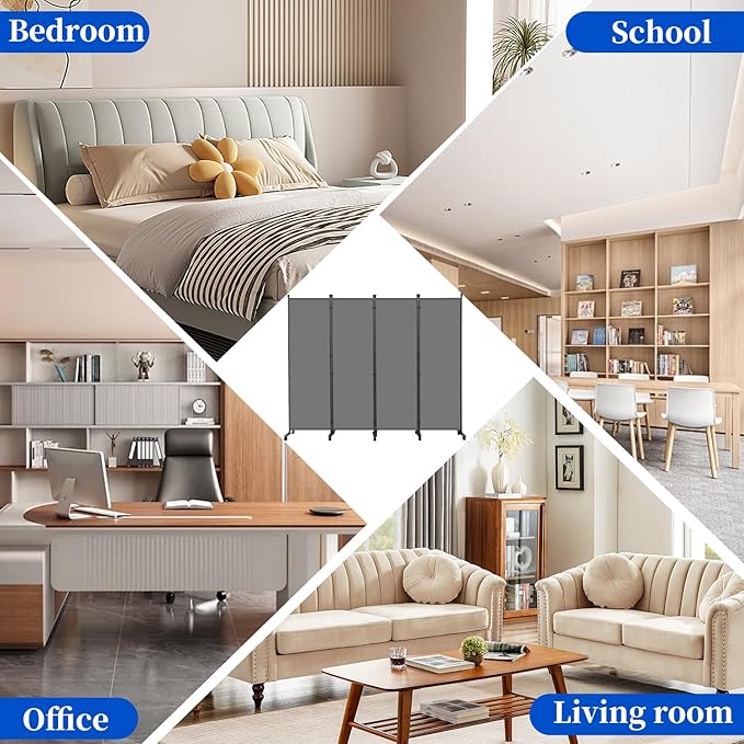 Room Divider 6FT Room Partition with Lockable Wheels, (Thicked Metal Base) Room Dividers, Freestanding Indoor Folding Privacy Screens, Portable Fabric Wall Divider for (Grey, 88"- 4 Panel)