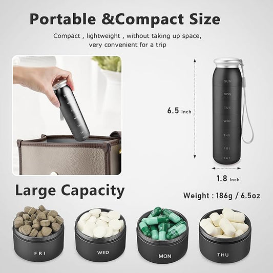 Weekly Pill Organizer, Portable Travel 7 Day, Waterproof Container, Large, Aluminum, Metal, Hold Vitamins, Cod Liver Oil, Supplements and Medications (Black)