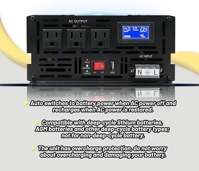 2000W Primary Sump Pump Backup System, Basment Protection Backup Inverter, Black, LCD Display, Auto Switches for Continuous Sump Pump Operation, Basement Emergency and Power Outage Backup
