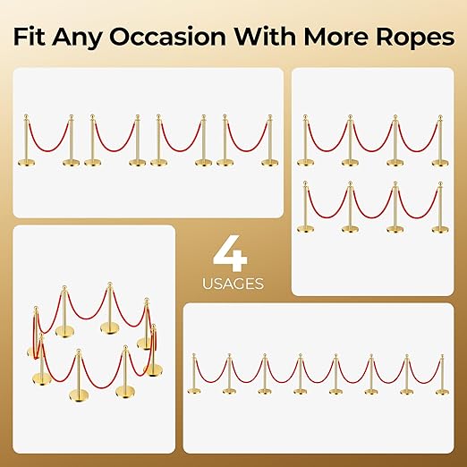 8pcs Sturdy Gold Stanchion Posts and 8pcs High Quality Red Carpet Velvet Ropes, Water/Sand/Concrete Fillable Leakproof Base, Crowd Control Barriers for Birthday, Prom, Business, Wedding