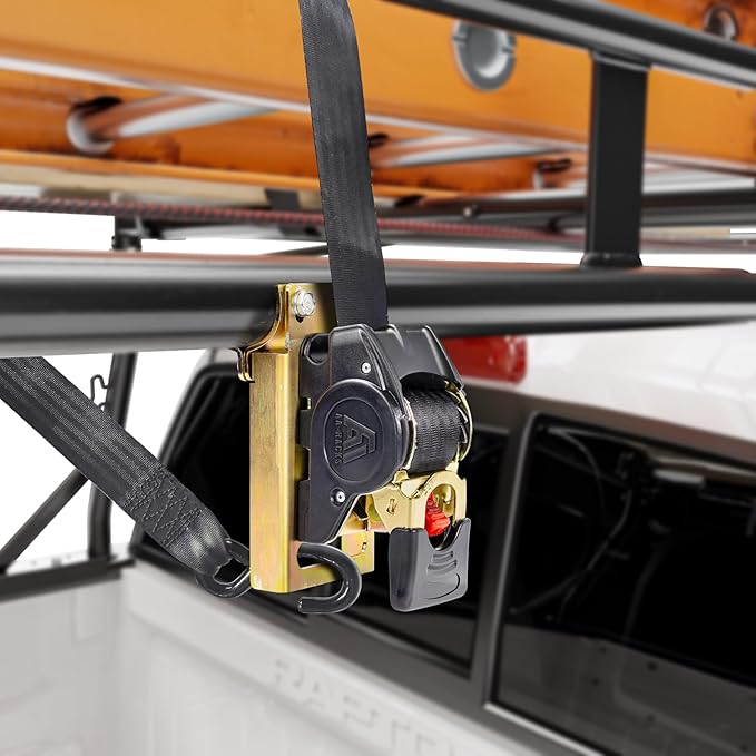 AA-Racks Heavy Duty Retractable Ratchet Straps (2 Pack) - 2 Inch x 9 Ft 3300lbs Break Strength, Tie Down Straps for Securing Cargo, Truck Rack Ratchet Strap Kit with S-Hooks