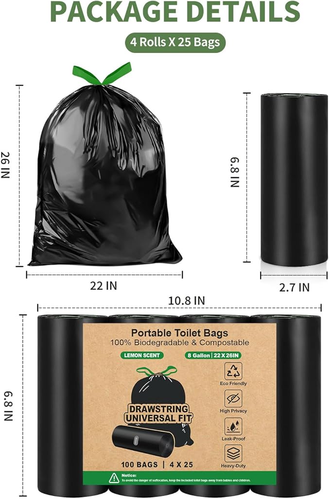 25 Portable Camping Toilet Bags Drawstring, 8 Gal Compost Bags for Potty Adults, Outdoor Waste Bag for 5 Gallon Bucket Bathroom Travel Backpacking
