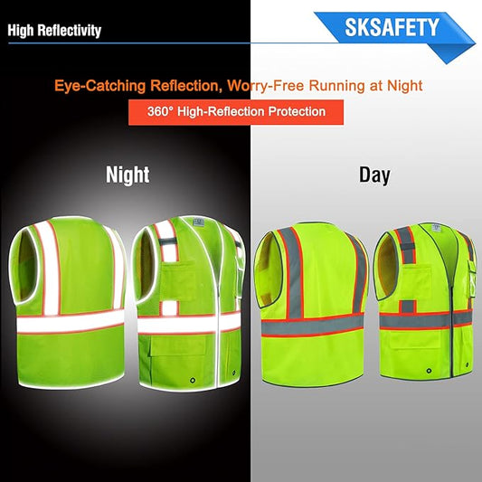 SKSAFETY 10 Pockets Safety Vest, Class 2 High Visibility Security with Zipper Double-sided mesh, Hi Vis Vest with Reflective Strips, ANSI/ISEA Standard, Construction Work Vest (Lime, 3XL)