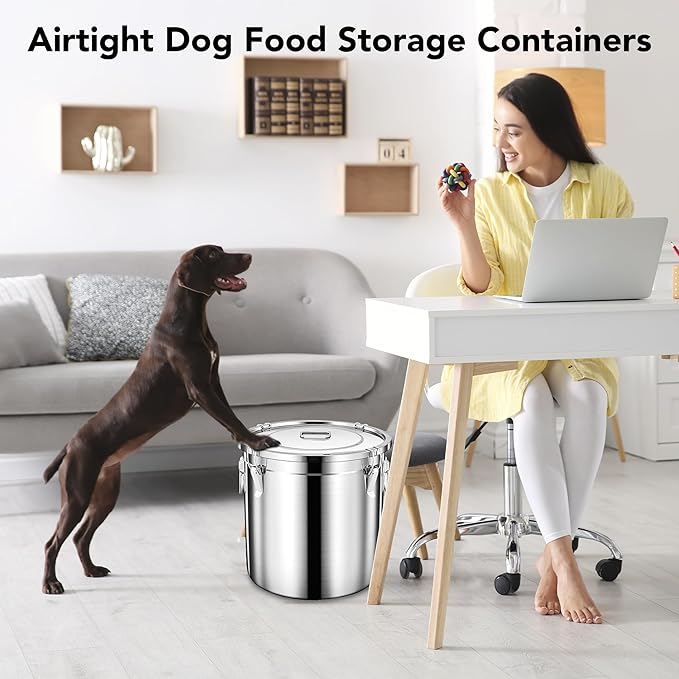 Newget Dog Food Storage Containers, Large Stainless Steel Pet Food Storage Containers 20 lb / 9 kg to Keep Fresh, Metal Airtight Cat Food Containers With Scoop and 2 Small Containers