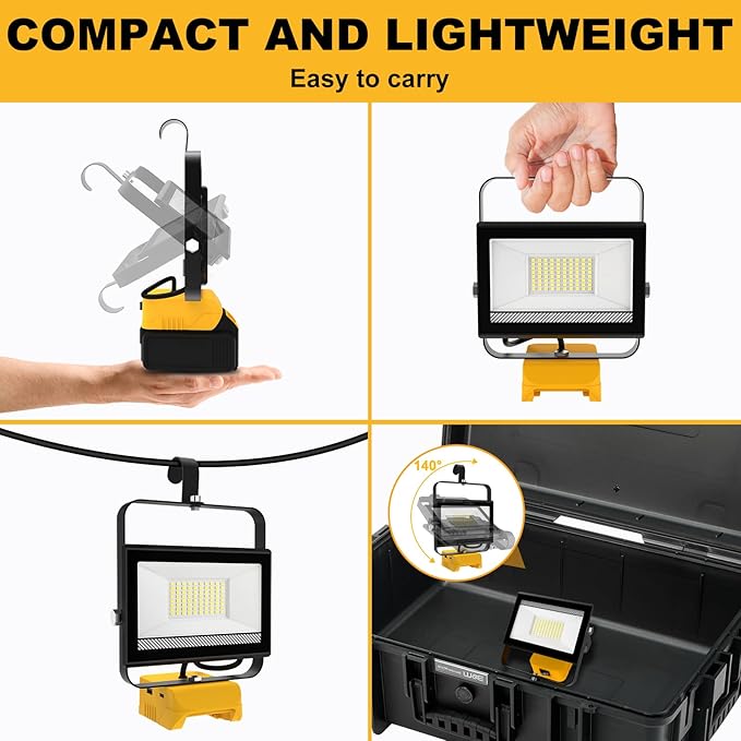 60W 6000LM Cordless Work Light for Dewalt 20V Battery (Battery Not Included), Portable LED Flashlgiht Flood Light with USB &Type C Charging for Job Site, Emergency, Fishing, Camping