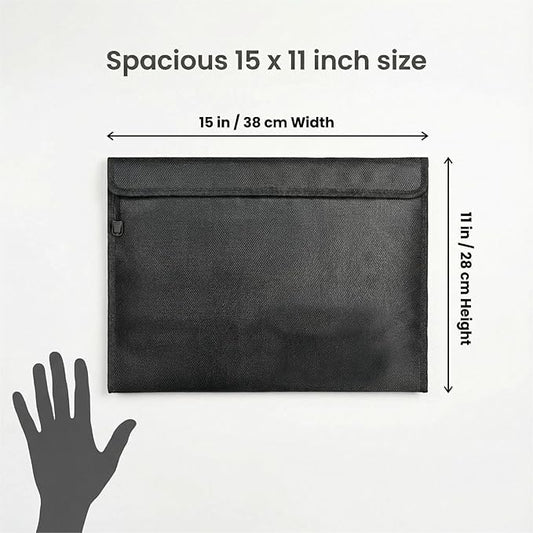 Fireproof Document Bag, Waterproof Storage Pouch with Zipper, 15 x 11 inches, Water and Fire Resistant Safe Envelope for Legal Documents, Valuables, Cash Storage, Black (Black, Horizontal Style)