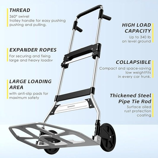 Folding Hand Truck Dolly Cart,340LB Capacity Portable Aluminum Dolly Cart with Telescoping Handle and 7 Inch Rubber Wheels for Moving,Shopping,Travel,Office Use