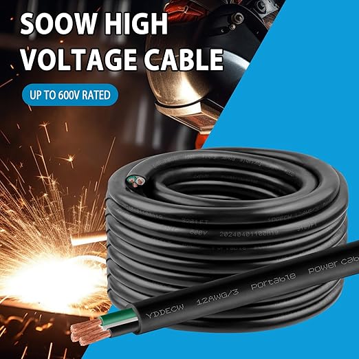 25ft 12/3 12 AWG Portable Power Cable (3 Conductor) - SOOW 600V 12 Gauge Electric Wire for Motor Leads, Portable Lights, Battery Chargers and Machinery - 3 Conductor - 25 Feet Electrical Cord