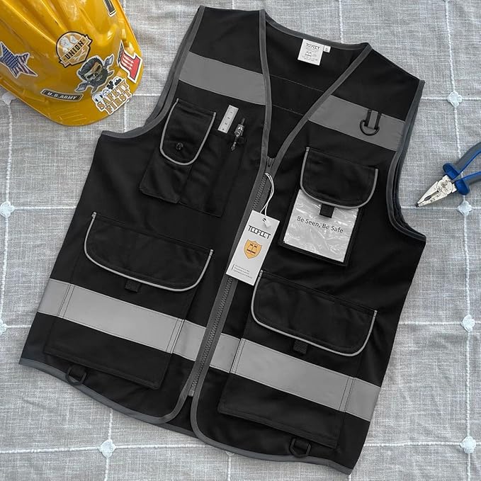 TCCFCCT Reflective Safety Vest, 9 Pockets High Visibility Vest for Men Women, Hi Vis Reflective Work Vest for Safety, Meets ANSI/ISEA Standards, (Black, XX-Large)