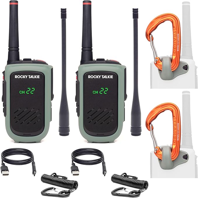 Rocky Talkie Expedition 5 Watt Radio with Climbing Rated Carabiner Attachment - GMRS Radio with IP67 Waterproofing, Long Range Walkie Talkie, NOAA Weather Alerts, 5 Day Battery Life, 2 Pack