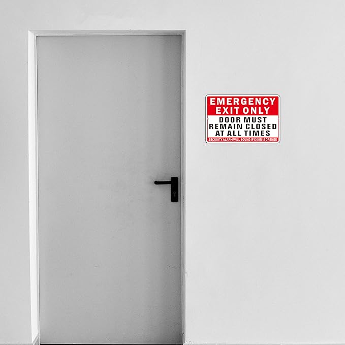 Emergency Exit Only Sign, (2 Pack) Self Adhesive Emergency Exit Sign Sticker for Door, Rust Free and Reflective Aluminum Metal Signs for Wall (9 x 6 inches, Red/White)