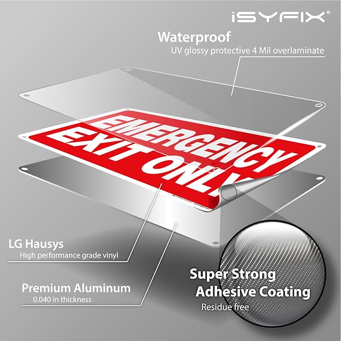 iSYFIX Emergency Exit Only Signs – 10 Pack 10x7 Inch – 100% Rust Free .040 Aluminum Signs, Laminated for Ultimate UV, Weather, Scratch, Water and Fade Resistance, Indoor and Outdoor