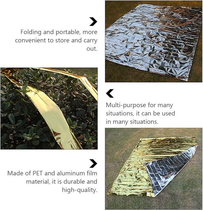 2Pcs Heavy Duty Emergency Thermal Survival Blankets Portable Insulated Reflective Tarps for Outdoor Camping Hiking and Cold Weather Protection