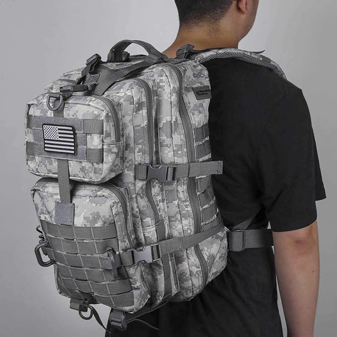 MOLLE Assault Backpack, Tactical Backpack Army Military Camping Rucksack, 3-Day Pack Travel Trip w/USA Flag Patch, D-Rings, ACU Camo