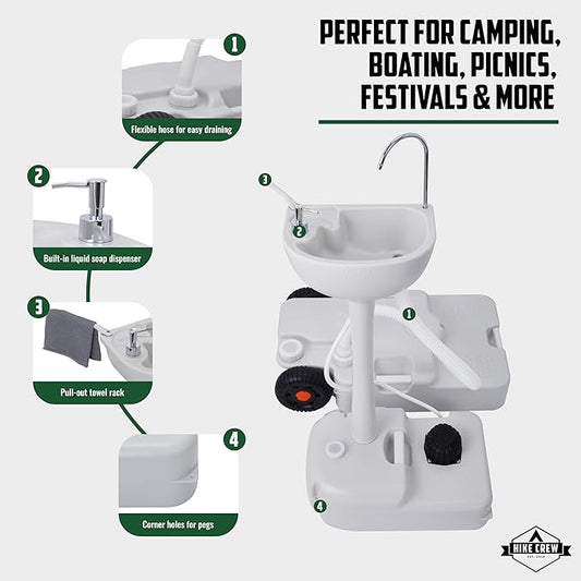 Hike Crew Portable Camping Sink & Waste Tank | Large Outdoor Hand Washing Station with 4.5 Gal Capacity, Hands-Free Foot Pump, Faucet, Soap Dispenser & Towel Rack | Includes 8 Gal Travel Waste Tank