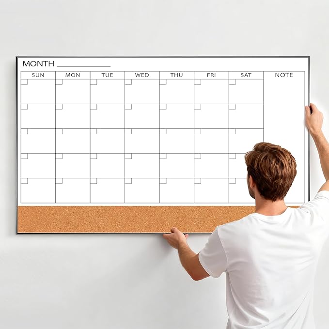 ARCOBIS Large Dry Erase Calendar with Cork for Wall, 48"x 30" Magnetic Calendar Whiteboard with Black Frame, Monthly Combination Board for School, Home, Office