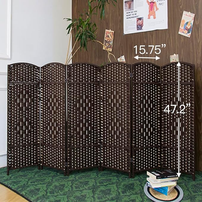 6 Panel Rattan Divider Short Room Partition Screen,Double Sided Folding Divider for Room Separation,Dark Brown,47.2" H x 94.5" W