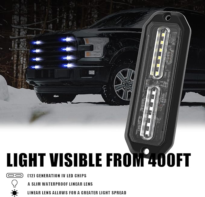 WINECO Blue/White 8pcs Ultra Slim LED Emergency Strobe Police Lights, Surface Mount Grill Grille Hazard Safty Warning Flashing Light for Volunteer Trucks Vehicles
