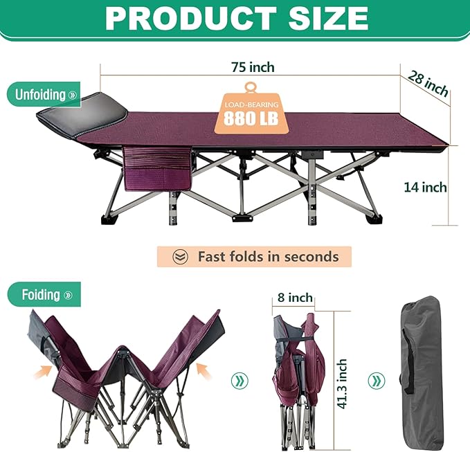 LILYPELLE Folding Camping Cot, Extra Wide Heavy Duty Sleeping Cots with Carry Bag, Double Layer Oxford Portable Travel Camp Cots for Home, Office Nap and Outdoor Beach