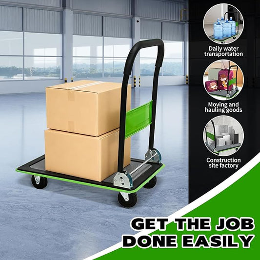 Green Folding Platform Hand Truck 330 lbs Capacity, Heavy Duty Flatbed Cart with 360° Swivel Silent Wheels, Non-Slip Alloy Steel Dolly for Warehouse, Delivery, and Storage – Foldable Design