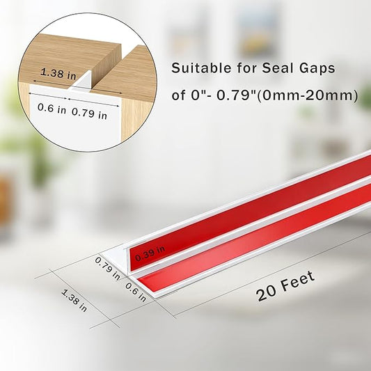 20Ft T-Shaped Door Draft Stopper, Silicone Weather Stripping Seal Tape for Doors and Windows - White, 1.38" Wide (35mm)