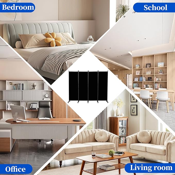 Room Divider 6FT Room Partition with Lockable Wheels, (Thicked Metal Base) Room Dividers, Freestanding Indoor Folding Privacy Screens, Portable Fabric Wall Divider for (Black, 88"- 4 Panel)