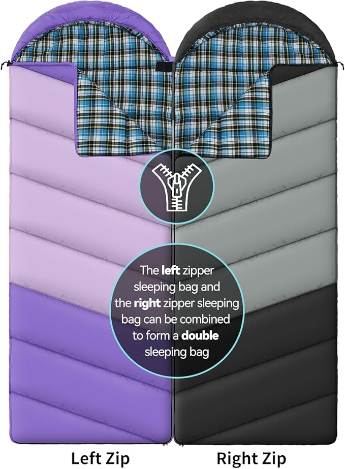 Cotton Flannel Lined Sleeping Bag for Adults Teens Kids, Cold Weather & Warm, 3 Seasons, Lightweight Compact Camping Essentials Equipment, Hiking, Outdoor, Travel
