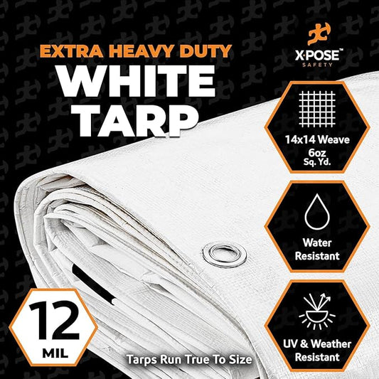 Heavy Duty White Poly Tarp 10' X 12' - Bulk Full Pallet (250 Pack) - Multipurpose Protective Cover - Durable, Weather Proof & Tear Resistant - 12 Mil Thick Polyethylene - by Xpose Safety