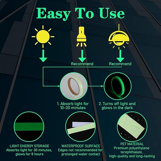 Glow in The Dark Tape, 0.5Inch x 33FT High Adhesion Waterproof Fluorescent Safety Tape, Luminescent Emergency Roll Safety Egress Markers for Stairs Bikes Outdoor Gear Walls Exit Sign Halloween DIY