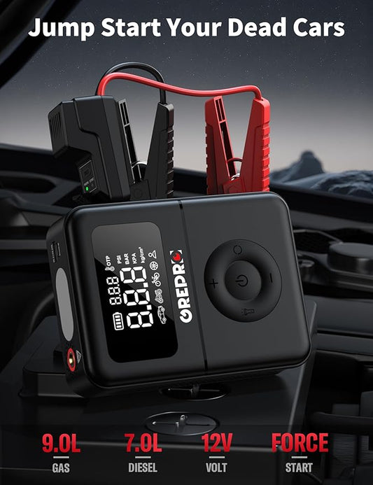 GREPRO Jump Starter with Air Compressor, 5000A Battery Jumper Starter Portable(9.0L Gas/7.0L Diesel),150PSI Tire Inflator 12V Car Battery Booster with Jumper Cables, Digital Display, LED Flashlight