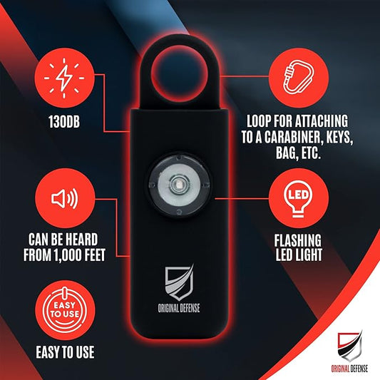 Original Defense® Siren Self-Defense Alarm - 130 dB Keychain Alarm with LED Strobe Light for Women, Children, and Elderly - Police Recommended - (Black, 1 Count)