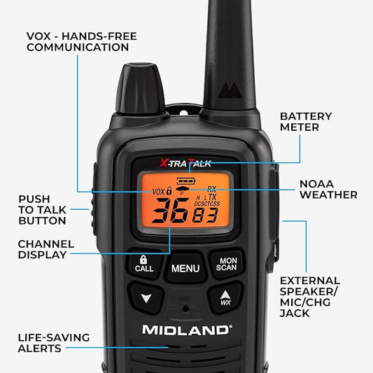 Midland LXT600VP3 FRS Walkie Talkies - Long Range 36-Channel Two-Way Radios, NOAA Weather Alerts(2-Pack, Black)
