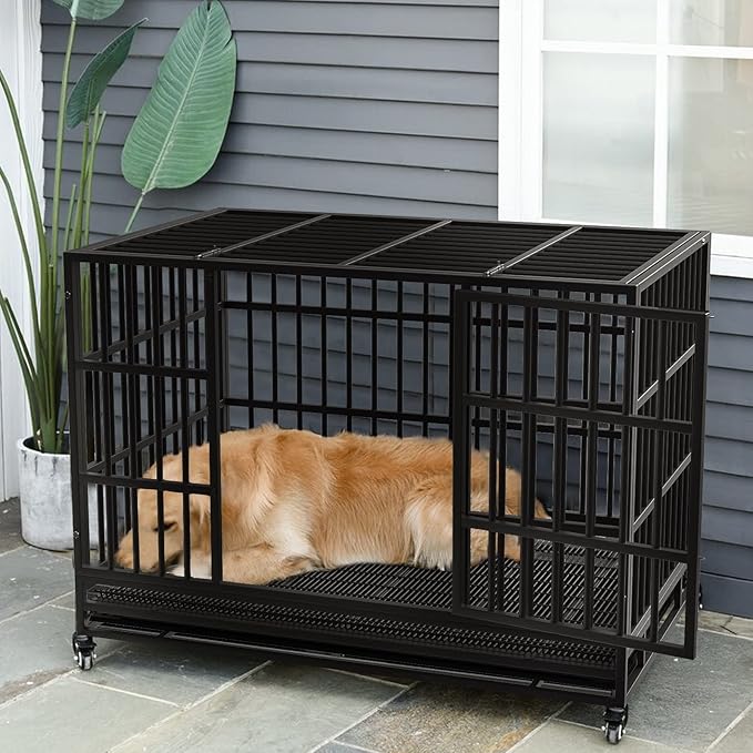 LEMBERI 48/38 inch Heavy Duty Indestructible Dog Crate, Escape Proof Dogs Cage Kennel with Lockable Wheels,High Anxiety Double Door Kennel,Extra Large Crate Indoor for Large Dog with Removable Tray