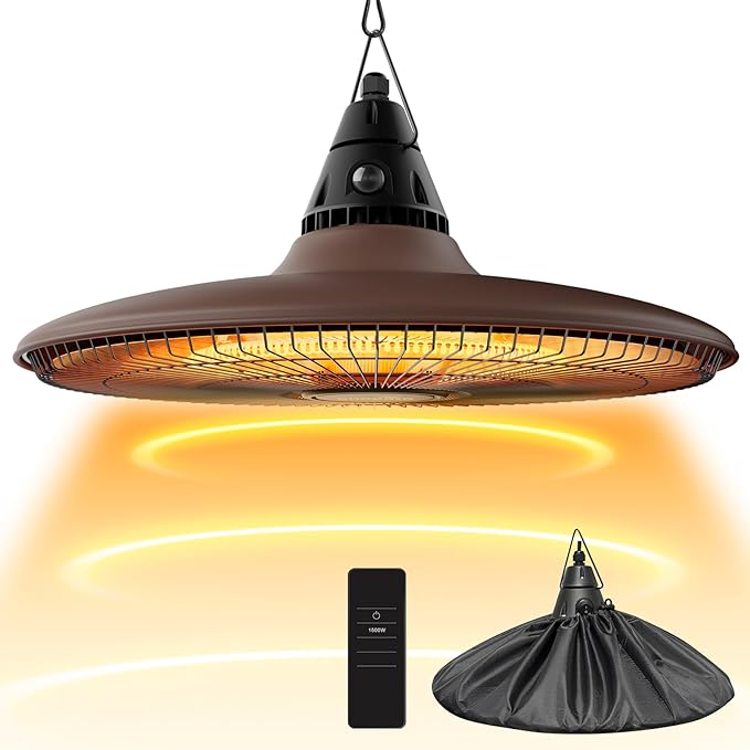 Hanging Heater, 1500W Outdoor Electric Patio Ceiling Heater with Remote Control, Infrared for Courtyard, Garage, Patio, Overheat & Tip-Over Protection, Waterproof, Brown