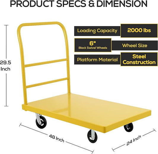 5Seconds Platform Cart Industrial Dolly Heavy Duty 48” X 24” Platform Hand Push Truck Commercial Cart Flatbed with 2000lb Capacity, Moving Cart 6” Swivel Wheels Flatbed cart, Yellow