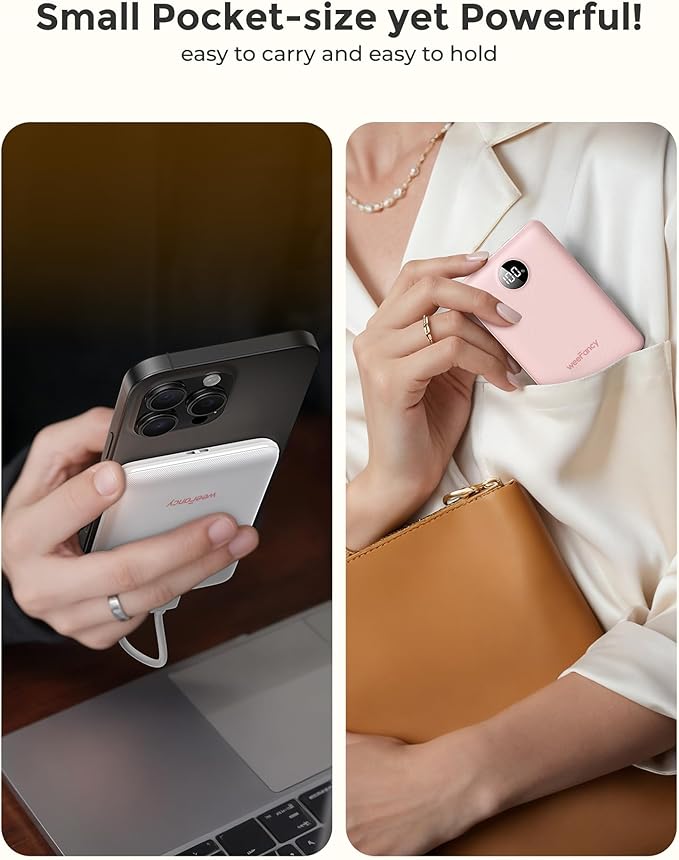 Small Portable Charger 10000mAh, Mini Power Bank with LED Display, 22.5W PD Fast Charging USB-C Battery Pack, Compact Lightweight Travel Charger Compatible with iPhone Samsung Android, Pink