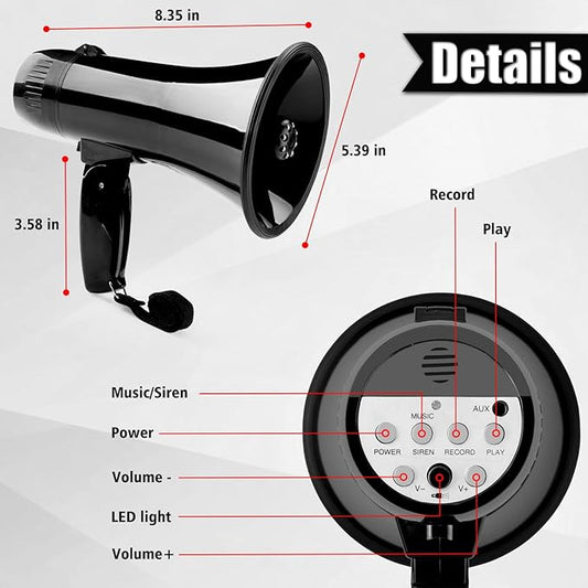20W Megaphone Bullhorn Speaker with LED, | Loud Spekaer with Siren, Recording and 3.5mm Aux Interface | Mega Phone Design for Outdoors and Safety Drills(Black)